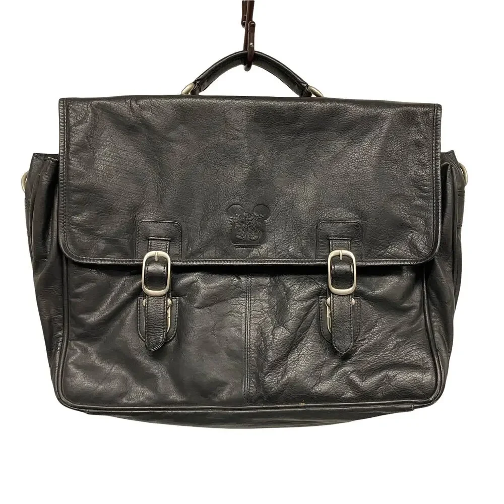 Vintage St Dennis Disney Channel Black Leather Flap Satchel Briefcase